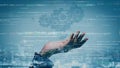 Futuristic Technology Concept with Hand Reaching Towards Abstract Data and Code Elements Representing Digital Innovation Royalty Free Stock Photo