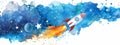 Futuristic technology concept illustration. Rocket launch. Watercolor painted illustration, exploration concept Royalty Free Stock Photo