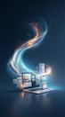 Futuristic Technology Concept with Laptop, Smartphone, and Digital Data Flowing in a Vibrant Blue Environment Royalty Free Stock Photo