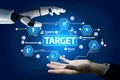 Futuristic Technology Concept with Robot Hand Reaching for Target, Symbolizing Resolution, Achievement, and Human Royalty Free Stock Photo