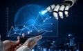 Futuristic Technology Concept with Robotic Hand Interacting with Data Graph on Smartphone Against Digital Background of Royalty Free Stock Photo