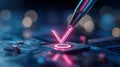 Futuristic technology concept showing glowing neon check mark being drawn by metallic pen tip on microchip with blurred blue Royalty Free Stock Photo