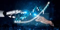 Futuristic technology concept showing human hand reaching out to robotic hand with data analysis and financial growth Royalty Free Stock Photo