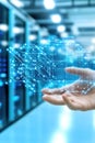 Futuristic technology in data center: digital interface in a hand Royalty Free Stock Photo