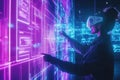Futuristic technology exploration in a vibrant virtual reality environment with glowing graphics. Generative AI Royalty Free Stock Photo