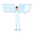 Futuristic technology flat vector illustration. Smiling young doctor, scientist in glasses character. Physician working