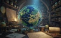 Futuristic technology globe projection surrounded by old world maps and vintage library. Royalty Free Stock Photo
