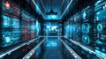 Futuristic technology with glowing blue red digital interface world map graphs data in dark room, innovation