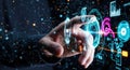 Futuristic technology hand interacting with digital interface and data visualizations Royalty Free Stock Photo
