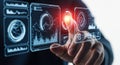 Futuristic technology hand interacting with digital touchscreen interface data analysis Royalty Free Stock Photo