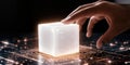 Futuristic Technology Hand Interacting with Glowing Data Cube on Circuit Board
