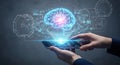 Futuristic technology hands holding glowing brain digital interface data analysis Royalty Free Stock Photo