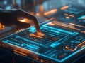 futuristic technology hands interacting glowing interface screen
