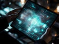 futuristic technology hands interacting glowing interface screen