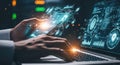 Futuristic technology hands typing on laptop displaying holographic data interface Royalty Free Stock Photo