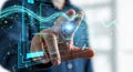 Futuristic technology hologram interface person interacting with digital data visualization Royalty Free Stock Photo