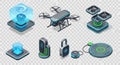 Futuristic technology icons set drone holographic projection smart locks and charging pad concepts Royalty Free Stock Photo