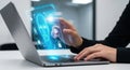 Futuristic technology interaction with hands typing on laptop displaying digital data Royalty Free Stock Photo