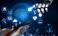 Futuristic Technology Interaction Between Human Hand and Robotic Arm with Digital Brain Icons Representing Artificial Royalty Free Stock Photo