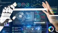 Futuristic Technology Interface with AI Functionality and Data Visualization, Showcasing Robotic Hand Interaction with Royalty Free Stock Photo