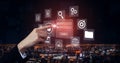 Futuristic technology interface with a businessman interacting with digital icons representing data management, login Royalty Free Stock Photo