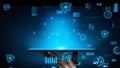Futuristic Technology Interface with Hand Holding Tablet Surrounded by Data Analytics and Digital Graphs in Blue Light Royalty Free Stock Photo