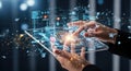 Futuristic technology interface hands interact with digital data display screen overlay Royalty Free Stock Photo