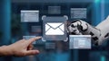 Futuristic Technology Interface with Robotic Hand Interacting with Email Icon and Digital Communication Elements in Royalty Free Stock Photo