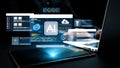 Futuristic Technology Interface Showcasing Artificial Intelligence Concepts with Laptops, Tablets, and Data Royalty Free Stock Photo