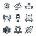 futuristic technology line icons. linear set. quality vector line set such as rocket, robotic surgery, space station, self driving