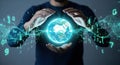 Futuristic technology person holds glowing earth orb data streams digital future Royalty Free Stock Photo