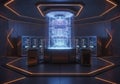 Futuristic technology room featuring a central cylindrical structure glowing with a blue holographic Royalty Free Stock Photo