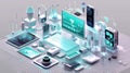 Futuristic technology setup with digital devices and holographic interface Royalty Free Stock Photo