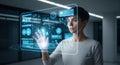 Woman interacting with holographic futuristic interface displaying global data and digital network connections Royalty Free Stock Photo