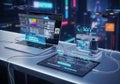 A futuristic technology workspace featuring a Royalty Free Stock Photo