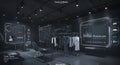 Futuristic Technology Workspace Interior Featuring Clothes Rack and Digital Displays in Dark Environment Royalty Free Stock Photo