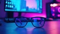 Futuristic technology workspace with stylish glasses modern office high-resolution image ambient lighting close-up visual appeal Royalty Free Stock Photo