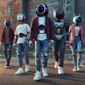 futuristic teenage humanoid robots in street wear