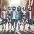 futuristic teenage humanoid robots in street wear