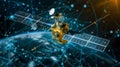 Futuristic telecom satellite with holographic data for global internet and gps in orbit