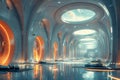 Futuristic teleportation hub with sleek design dynamic lighting