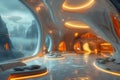 Futuristic teleportation hub with sleek design dynamic lighting