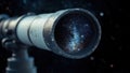 Futuristic telescope shows chaotic digital flashes and glitches instead of stars, symbolizing the unpredictability