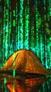 Futuristic tent glowing amidst green binary code in digital forest setting