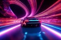 Futuristic thrill ride, Supercar blazes on neon highway with captivating trails