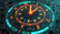 Futuristic time clock shows precise time. Hologram tech design with glowing numbers, lines. Circuit board style. Modern tech