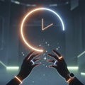 Futuristic Time Manipulation with Neon Glowing Hands and Digital Clock Interface in a Cybernetic Royalty Free Stock Photo
