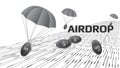 Futuristic token airdrop concept with receding perspective on the digital road and coin Dollars USD with parachutes in gray colors