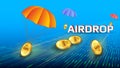 Futuristic token airdrop concept with receding perspective on the digital road and golden coin Dollars USD with parachutes on blue