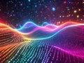 Futuristic topographic grid landscape with rainbow colored light points and starry sky simulation Royalty Free Stock Photo